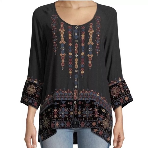 Johnny Was Vika Mixed Velvet & Silk Dark Romance Embroidered Blouse Women S - Picture 1 of 7